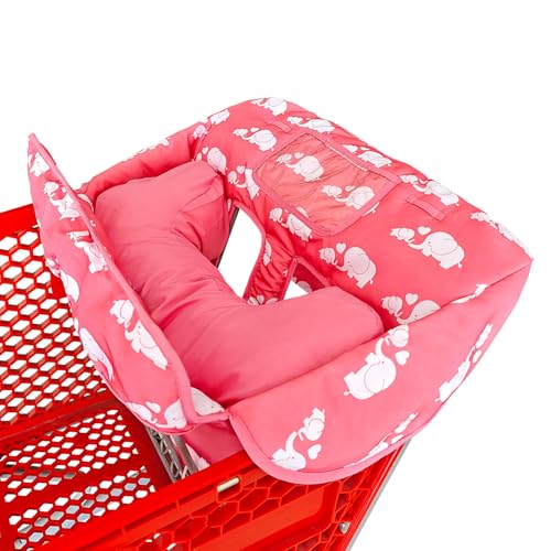 Love&go Soft Pillow Attached 2-in-1 Shopping Cart and High Chair Cover for Baby, Cotton Padded Cart Cover, Fold'n Roll Style, Portable with Carry Bag (Pink Elephant) - color: Pink Elephant