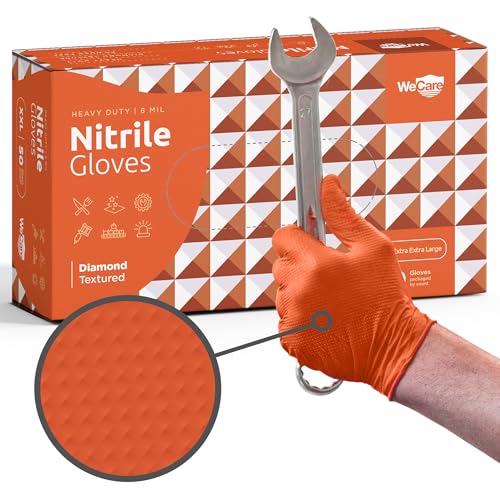 WECARE 8 Mil Nitrile Gloves - Heavy Duty Mechanic Gloves, with Diamond Grip - Powder and Latex Free Disposable Gloves - color: Orange, size: X-Large