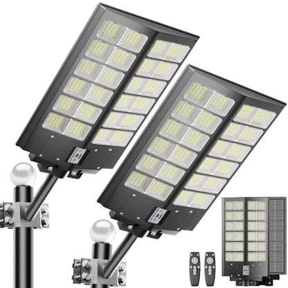 2-Pack Solar Street Light - 9000W Solar Street Lights Outdoor 300000LM, 7000K Commercial Parking Lot Light, Flood Outdoor Lights IP67 Waterproof with Motion Sensor, 3-Year Warranty