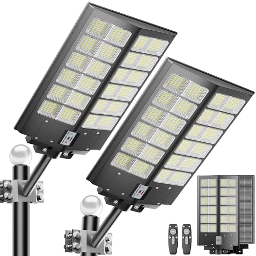 2-Pack Solar Street Light - 9000W Solar Street Lights Outdoor 300000LM, 7000K Commercial Parking Lot Light, Flood Outdoor Lights IP67 Waterproof with Motion Sensor, 3-Year Warranty
