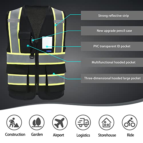 AYKRM Security Vest for Men Women 7 Pockets High Visibility Reflective Safety Vest Front Zipper Meets ANSI/ISEA - color: Black, size: Medium