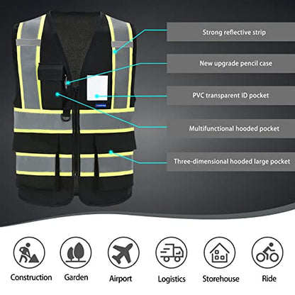 AYKRM Security Vest for Men Women 7 Pockets High Visibility Reflective Safety Vest Front Zipper Meets ANSI/ISEA - color: Black, size: Medium