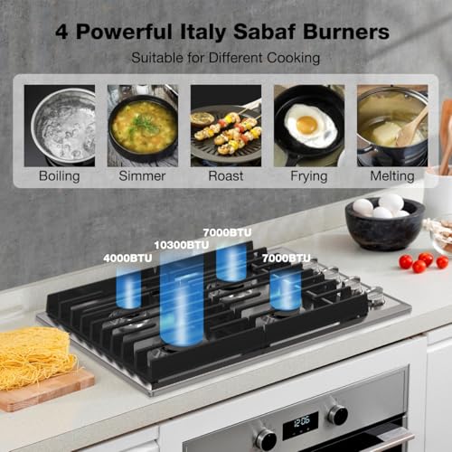 ThermoMate Heavy 30 Inch Gas Cooktop with 4 Italy Sabaf Power Burners, Built In Gas Stove Top of 304 Stainless Steel, NG/LPG Convertible with Thermocouple Protection CSA Certified - size: 30 inch 4 burners