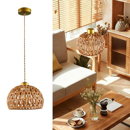 7.7" Dome Hemp Rope Pendant Light, E26 Gold Woven Adjustable Hanging Lamp - color: Basket Shape, size: 8 inch