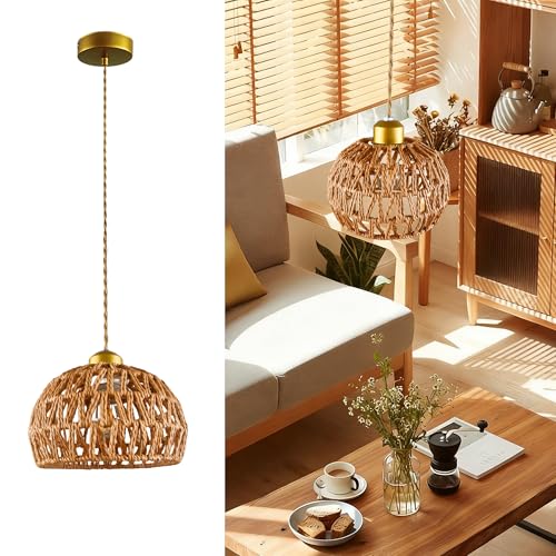 7.7" Dome Hemp Rope Pendant Light, E26 Gold Woven Adjustable Hanging Lamp - color: Basket Shape, size: 8 inch