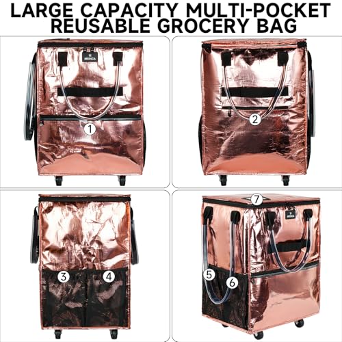 Reusable Grocery Bag On Wheels, 70L Foldable Rolling Tote with 6 Pockets - color: Rose Gold, size: Medium