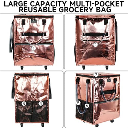 Reusable Grocery Bag On Wheels, 70L Foldable Rolling Tote with 6 Pockets - color: Rose Gold, size: Medium