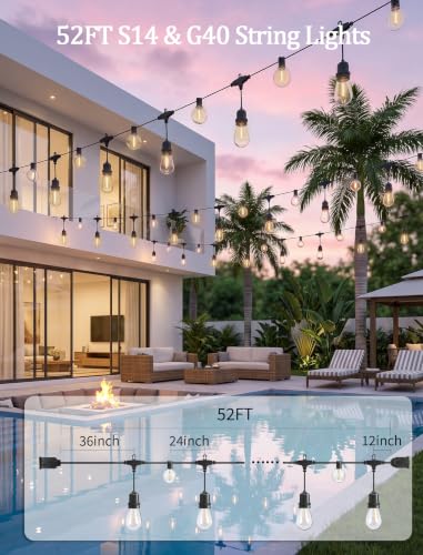 52FT Outdoor String Lights Dimmable, 25 LED Waterproof Patio Light Bulbs - size: 52Ft