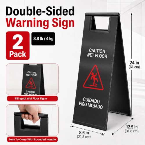 2 Pcs Stainless Steel Wet Floor Sign 24 Inch Caution Sign Black - color: Black