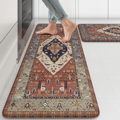 KIMODE Farmhouse Kitchen Mats, Anti Fatigue Kitchen Rugs Sets of 2 Red - color: Red Floral, size: 17.3" x 47 "+ 17.3" x 29 "--0.47 inches