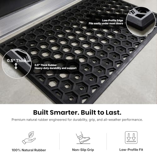 Subhera Collection Heavy Duty Rubber Door Mat 25"×39" Non-Slip Drainage with Dirt Scraper | Outside Doormat for Front Pool Deck & Patio All-Weather 100% Won't Curl or Blow Away - size: 2'1" x 3'3" (Rectangular)