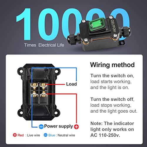 Waterproof On Off Toggle Switch Double Outlet with Green Light Rocker Button Inline Cord Switch DPST AC/DC 20A-125V,16A-250V,30A-24V,35A-12V, IP66 - color: Green/1 Switch/2 Outlet