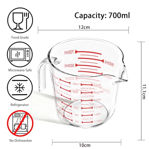 BCnmviku Glass Measuring Cups 24oz/3Cup/700ml High Borosilicate [Insulated Handle | V-Shaped Spout]For Prepping Baking and Cooking Preheated Oven Dishwasher Freezer and Microwave Safe - size: 700ml