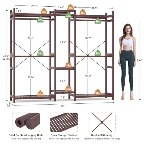 Homykic Bamboo Clothing Rack with 7 Shelves, 5 Rods, 70” Wide, Espresso - color: Espresso, size: III Large