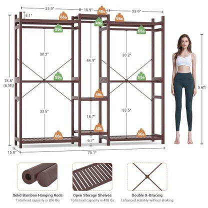 Homykic Bamboo Clothing Rack with 7 Shelves, 5 Rods, 70” Wide, Espresso - color: Espresso, size: III Large