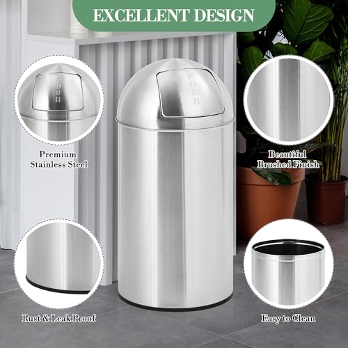 Garvee Cylindrical Commercial Trash Can, 13 gal/50 L Fingerprint-Proof Stainless Steel Garbage Can with Push Lid, Heavy Duty Tall Waste Bin with Removable Inner Bucket for Outdoor, Commercial Use - size: Medium
