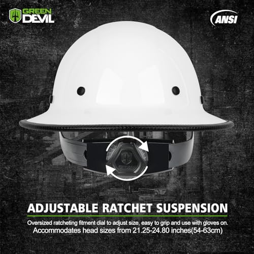 GREEN DEVIL Fiberglass Full Brim Hard Hat OSHA & ANSI Rated Fiber Hardhat for Men with Brim Guard - color: White