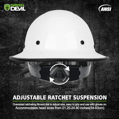 GREEN DEVIL Fiberglass Full Brim Hard Hat OSHA & ANSI Rated Fiber Hardhat for Men with Brim Guard - color: White
