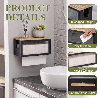 Wooden Paper Towel Holder with Lid & Acrylic Window Wall Mounted - color: Black Acrylic