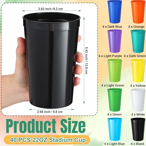 Honeydak 40 Pack 22 oz Plastic Stadium Cups Reusable, 10 Colors
