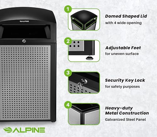 Alpine 40-Gallon Outdoor Commercial Trash Can with Locking Lid – Heavy-Duty Weather-Resistant Metal Garbage Bin with Removable Liner for Parks, Restaurants & Public Spaces