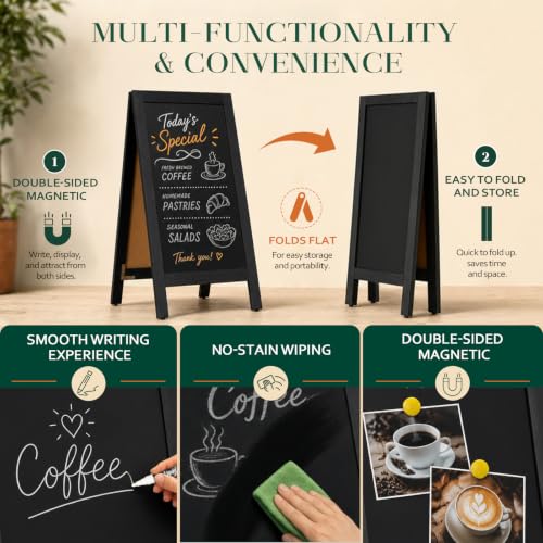 4 THOUGHT A-Frame Double-Sided Magnetic Chalkboard 40"x20", Black - color: Black