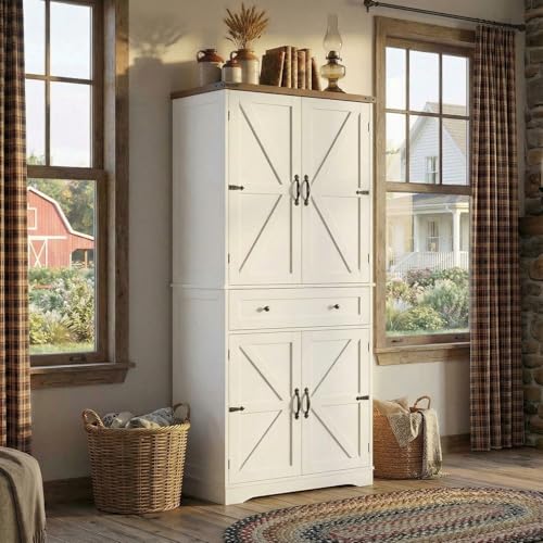 HOSTACK 71" Kitchen Pantry Storage Cabinet, Farmhouse Pantry Cabinet, White - color: White + Rustic Brown