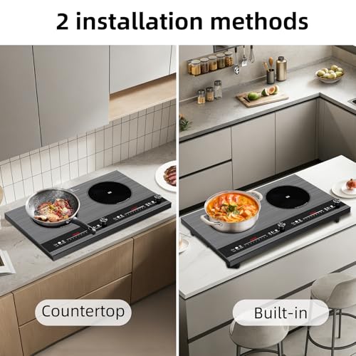 2 burner induction cooktop,110V 3000W 2 burner induction plate with Brushed Panel LED Knob Control, induction stove top with 9 Power Levels, Kids Lock & Timer,24 Inch double induction cooktop - size: 2 Burner induction Cooktop