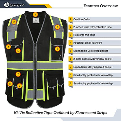 JKSafety Reflective Safety Vest for Men Cushioned Collar JK89 Black L - color: Blackt1s1, size: Large