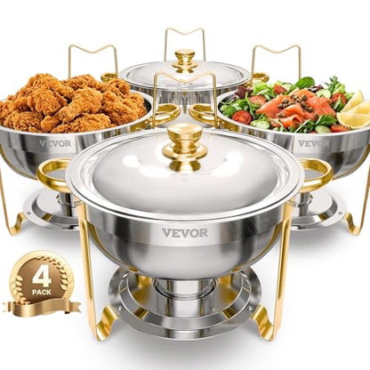 VEVOR Chafing Dish Buffet Set, 5 Qt 4 Pack, Stainless Steel Chafer with 4 Full Size Pans, Round Catering Warmer Server with Lid Water Pan Folding Stand Clip, for Weddings Parties Banquets, Gold - size: 4packs Gold