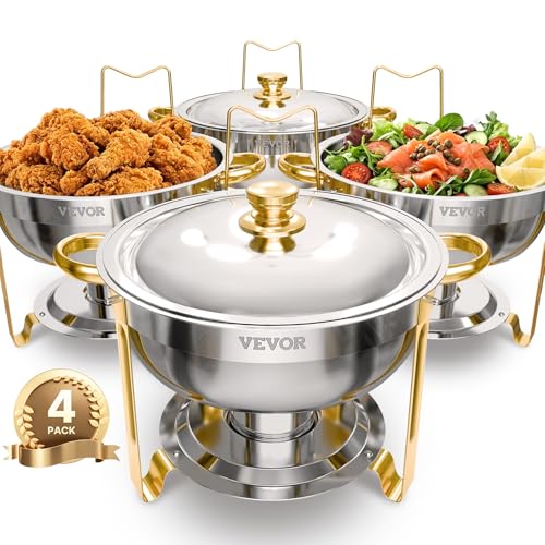 VEVOR Chafing Dish Buffet Set, 5 Qt 4 Pack, Stainless Steel Chafer with 4 Full Size Pans, Round Catering Warmer Server with Lid Water Pan Folding Stand Clip, for Weddings Parties Banquets, Gold - size: 4packs Gold