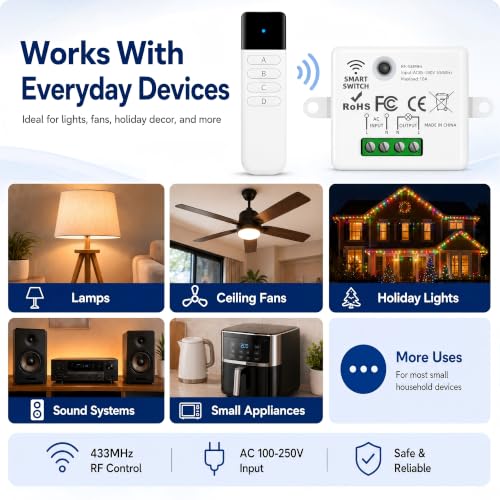 Wireless Light Switch Kit, 10A RF Remote, 2 Switches, 10 Receivers