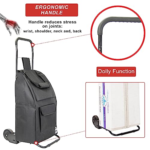 dbest Products Trolley Dolly Compact with Pockets – Foldable Grocery Cart on Wheels – Multi Use Rolling Cart with Removable Bag, Storage Pockets, and Hand Truck Dolly Function, Black - size: Compact