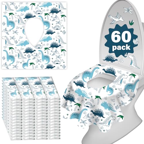 60 Pack Toilet Seat Covers Disposable, Extra Large Waterproof Toilet Cover for Toddlers & Adults, Individually Wrapped Travel Essential Portable Potty Training in Public Restrooms, Trip - Dinosaur - color: Dinosaur