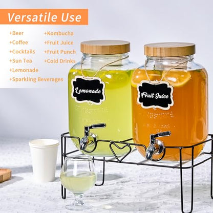 2 Pack 1 Gallon Glass Drink Dispensers for Parties with Stand, Fruit Infusers, Bamboo Lids and Stainless Steel Spigots, Beverage Dispenser Set for Lemonade, Juice, Iced Tea,Kombucha(Natural) - color: Natural