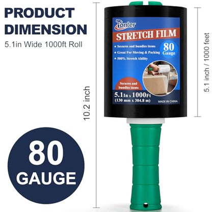 Mini Black Stretch Wrap Film 5.1" x 1000ft 2 Pack 80 Gauge Heavy Duty - color: Black 5.1in×1000ft