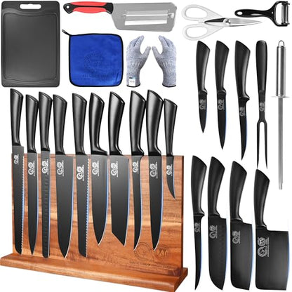 XYJ Knife Block Set,Chef Knives Set with Wooden Magnetic Knife Block - color: Full Black, size: 23 in 1 with block