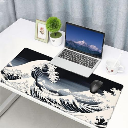 Mouse Pad Desk Mat,XXL Extended Gaming Mouse Pad Desk Pad,35.7x15.7in Large Mousepad Thicken to 3mm Non-Slip Rubber Base Mousepad with Stitched Edges,Japanese Sea Wave Desks Mat for Keyboard Mouses - color: raging waves