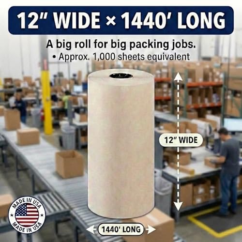 BOX USA White Newsprint Paper Roll 12x17280" (1440'), Recycled for Packing - size: 12"