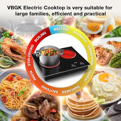 VBGK Electric Cooktop,2100W Built-in & Countertop 2 Burner Electric Cooktop,Electric Stove Top with10 Heating Level, Timer & Kid Safety Lock, LED Knob Touch Control Electric Burner with Plug - size: Double Burner Electric Cooktop