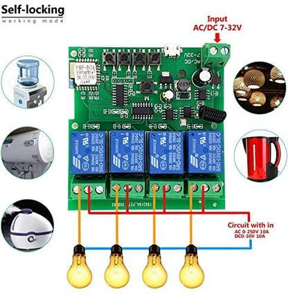 4 channelsWiFi Wireless Smart Switch Inching Self-locking Relay Module, be applied to access control Tuya SmartLife APP,DIY WIFI Garage Door Opener With 433 MHz RF remote control - color: DC4+433, size: Tuya
