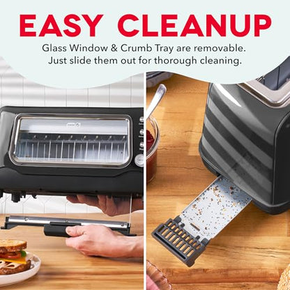 Dash Clear View Toaster | 10" Long Slot 2 Slice Toaster with See-Through Glass Window, 7 Browning Levels, Bagel, Defrost & Reheat Functions, Removable Glass Panel, Crumb Tray, Black - color: Black