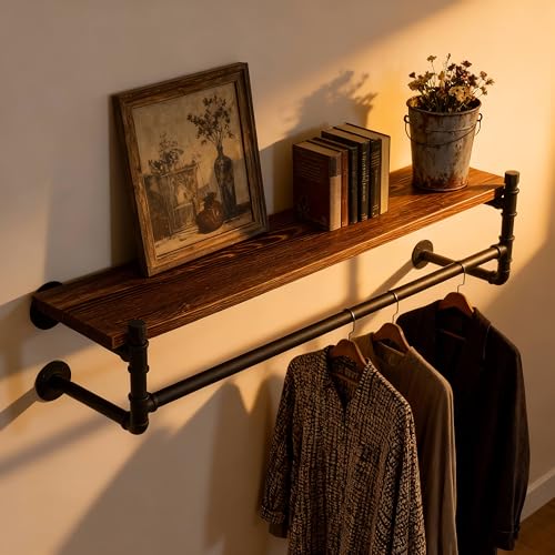 WEBI Wall Mounted Clothes Rack with Shelf,30" Industrial Pipe Clothing Rack with Shelf with Hanging Rod,Heavy Duty Iron Garment Rack Bar,Retail Display Clothes Rod for Laundry Room,Closet,Black - color: Black, size: 30 Inch