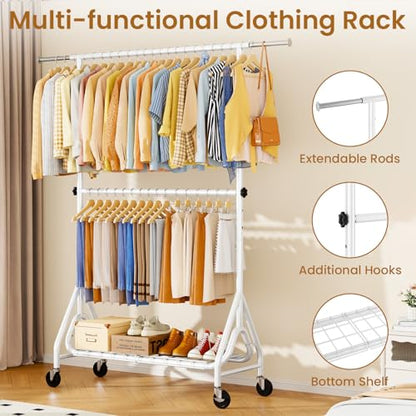 Heavy Duty Clothes Rack for Hanging Clothes, Double Rods Clothing Rack with Lockable Wheels, Rolling Garment Racks with Shelf, Easy to Assemble, White - color: White, size: Doule Rods