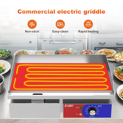 22’’ * 14’’ Commercial Electric Countertop Griddle -110V Flat Top Griddles w/ 122-572°F Adjustable Temperature and Non-Stick, 3000W Stainless Steel Electric Griddle w/ 10mm Thick carbon steel - size: 22 INCH