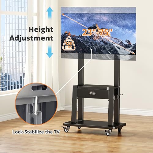 Mobile TV Stand with Storage Drawer for 23-75 Inch TVs up to 120lbs, Heavy Duty Rolling TV Cart with 2-Tier Shelves, Adjustable Height Outdoor TV Stand on Wheels, Max VESA 600x400mm, Black - color: Black