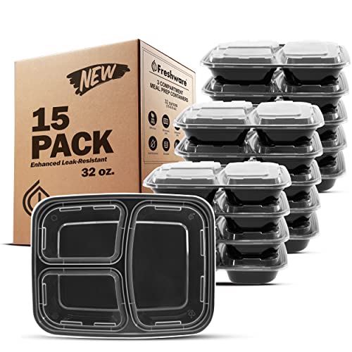 Freshware Meal Prep Containers with Lids [15 Pack] 3 Compartment, Food Storage Containers, Bento Box, BPA Free, Stackable, Microwave/Dishwasher/Freezer Safe (32 oz) - size: 3-COMP-32OZ-15PK