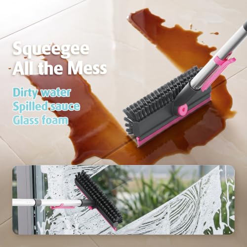 AIR U+ Floor Scrub Brush with Long Handle, 4 in 1 Floor Scrubber & Squeegee - color: Gray and Pink