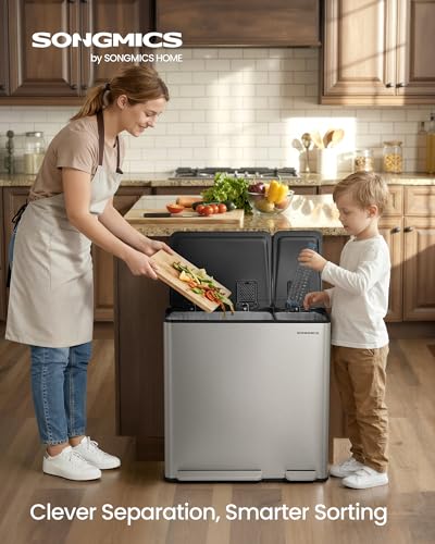 SONGMICS Trash Can, 13 + 6 Gallon Dual-Compartment, Soft-Close Lid - color: Silver, size: 13 + 6 Gallon