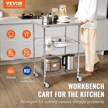 VEVOR Kitchen Utility Cart, 36.6"x20"x24" 3 Tiers Wire Rolling Cart, 470LBS Capacity Steel Service Cart with Brake Wheels, Storage Trolley with 76mm Basket PP Liner 6 Hooks, for Indoor & Outdoor Use - size: 24"D x 20"W x 36.6"H, style: Drawer Cart
